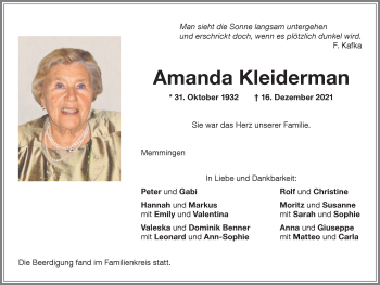 Traueranzeige von Amanda Kleiderman von Memminger Zeitung