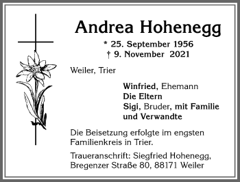 Traueranzeige von Andrea Hohenegg von Allgäuer Anzeigeblatt