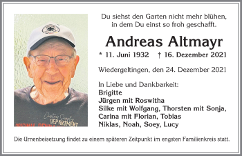 Traueranzeige von Andreas Altmayr von Allgäuer Zeitung, Kaufbeuren/Buchloe