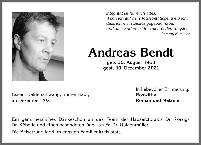  Traueranzeige für Andreas Bendt vom 22.12.2021 aus Allgäuer Anzeigeblatt