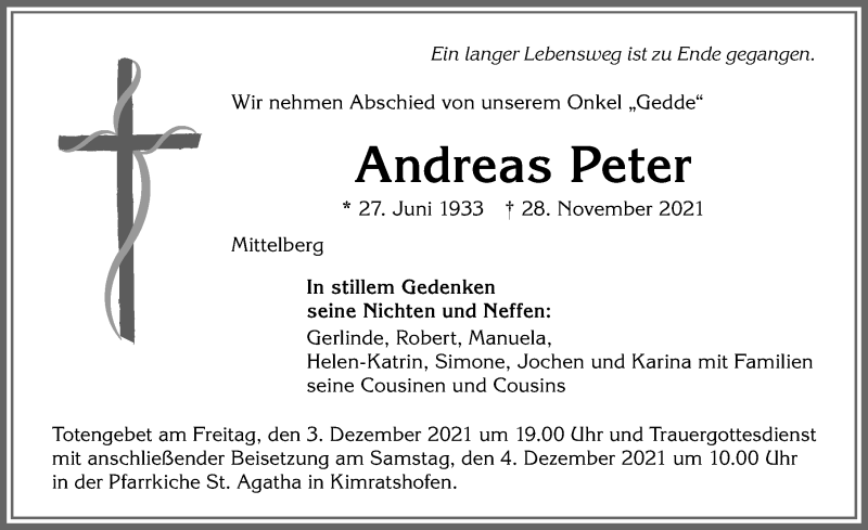  Traueranzeige für Andreas Peter vom 01.12.2021 aus Allgäuer Zeitung,Kempten