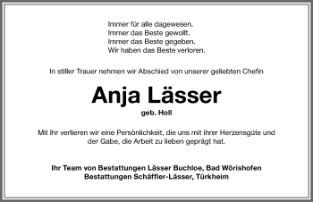 Traueranzeige von Anja Lässer von Allgäuer Zeitung, Kaufbeuren/Buchloe