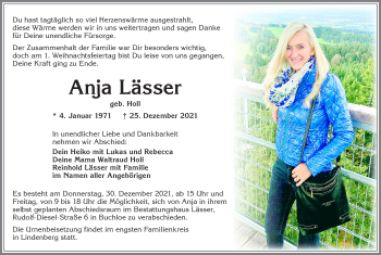Traueranzeige von Anja Lässer von Allgäuer Zeitung, Kaufbeuren/Buchloe
