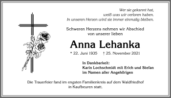 Traueranzeige von Anna Lehanka von Allgäuer Zeitung, Kaufbeuren/Buchloe
