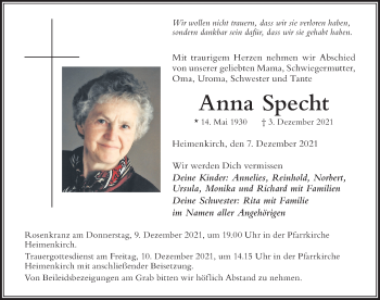 Traueranzeige von Anna Specht von Der Westallgäuer