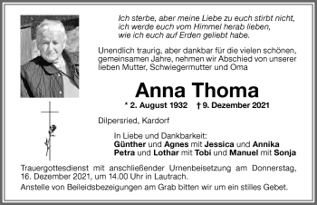 Traueranzeige von Anna Thoma von Memminger Zeitung
