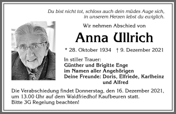 Traueranzeige von Anna Ullrich von Allgäuer Zeitung, Kaufbeuren/Buchloe