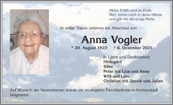 Traueranzeige von Anna Vogler von Allgäuer Anzeigeblatt