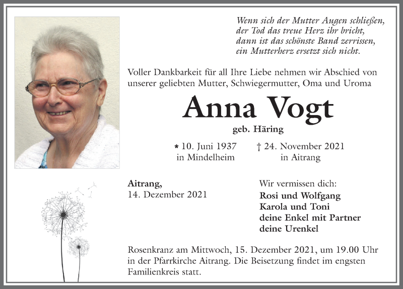  Traueranzeige für Anna Vogt vom 14.12.2021 aus Allgäuer Zeitung, Marktoberdorf