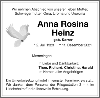 Traueranzeige von Anna Rosina Heinz von Memminger Zeitung