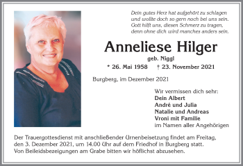 Traueranzeige von Anneliese Hilger von Allgäuer Anzeigeblatt