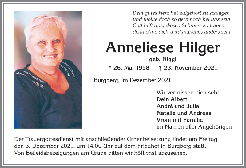  Traueranzeige für Anneliese Hilger vom 01.12.2021 aus Allgäuer Anzeigeblatt