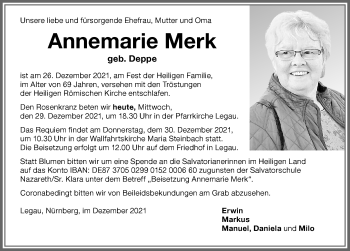 Traueranzeige von Annemarie Merk von Memminger Zeitung