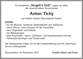 Traueranzeige von Anton Tichy von Allgäuer Zeitung, Kaufbeuren/Buchloe
