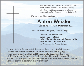 Traueranzeige von Anton Weixler von Allgäuer Zeitung,Kempten