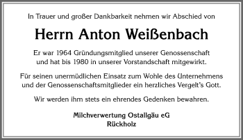 Traueranzeige von Anton Weißenbach von Allgäuer Zeitung, Füssen