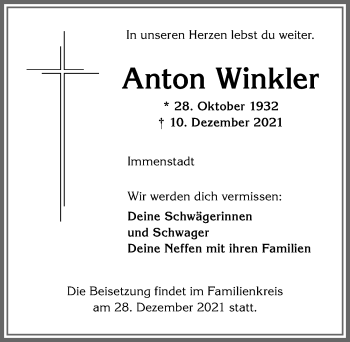 Traueranzeige von Anton Winkler von Allgäuer Anzeigeblatt