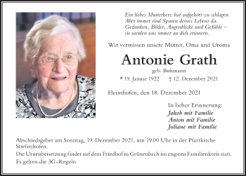 Traueranzeige von Antonie Grath von Der Westallgäuer