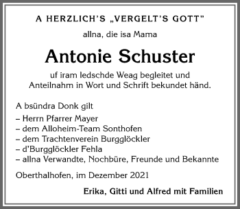 Traueranzeige von Antonie Schuster von Allgäuer Anzeigeblatt