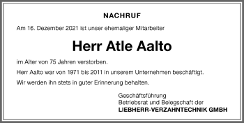 Traueranzeige von Atle Aalto von Allgäuer Zeitung,Kempten