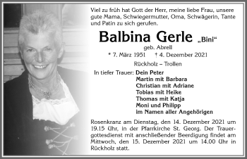 Traueranzeige von Balbina Gerle von Allgäuer Anzeigeblatt