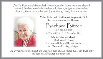 Traueranzeige von Barbara Bitzer von Allgäuer Zeitung, Füssen