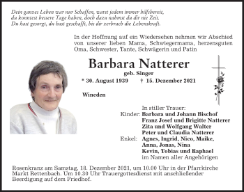 Traueranzeige von Barbara Natterer von Memminger Zeitung