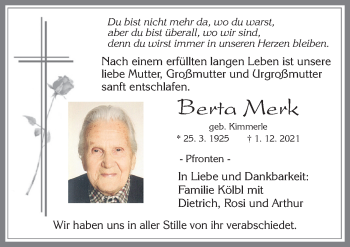 Traueranzeige von Berta Merk von Allgäuer Zeitung, Füssen