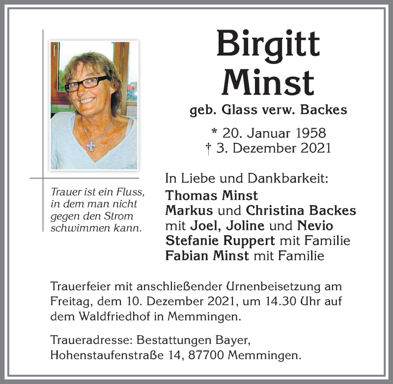  Traueranzeige für Birgitt Minst vom 08.12.2021 aus Memminger Zeitung