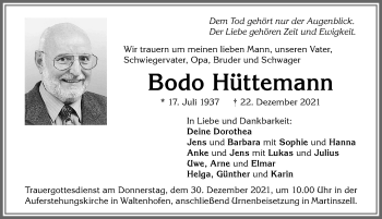 Traueranzeige von Bodo Hüttemann von Allgäuer Zeitung, Füssen
