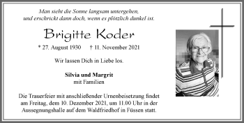 Traueranzeige von Brigitte Koder von Allgäuer Zeitung, Füssen
