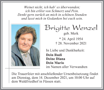Traueranzeige von Brigitte Wenzel von Allgäuer Zeitung, Füssen