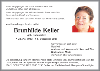 Traueranzeige von Brunhilde Keller von Allgäuer Anzeigeblatt