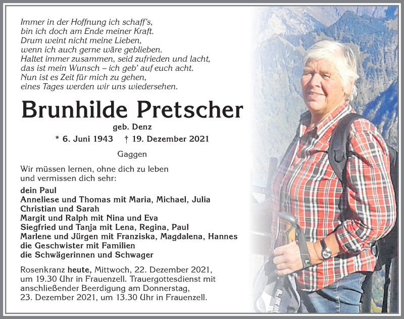  Traueranzeige für Brunhilde Pretscher vom 22.12.2021 aus Allgäuer Zeitung,Kempten