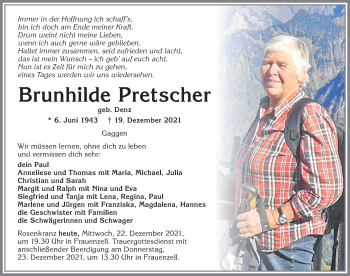 Traueranzeige von Brunhilde Pretscher von Allgäuer Zeitung,Kempten