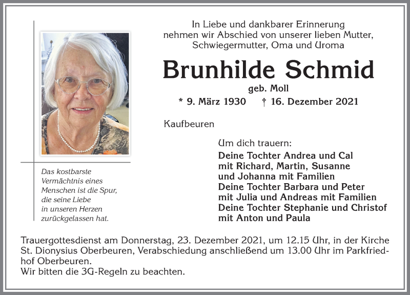 Traueranzeige für Brunhilde Schmid vom 21.12.2021 aus Allgäuer Zeitung, Kaufbeuren/Buchloe