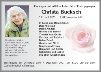 Traueranzeige von Christa Bucksch von Allgäuer Zeitung,Kempten