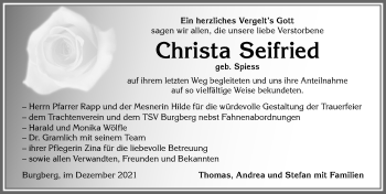 Traueranzeige von Christa Seifried von Allgäuer Anzeigeblatt