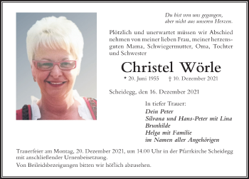 Traueranzeige von Christel Wörle von Der Westallgäuer