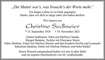 Traueranzeige von Christine Sedlmeier von Allgäuer Zeitung, Füssen