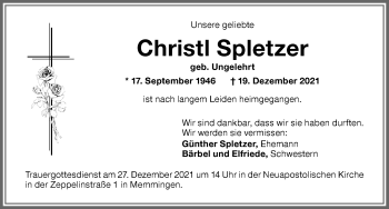 Traueranzeige von Christl Spletzer von Memminger Zeitung