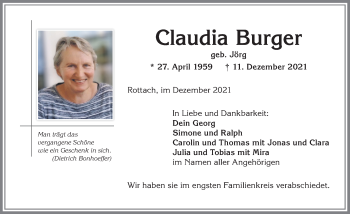 Traueranzeige von Claudia Burger von Allgäuer Anzeigeblatt