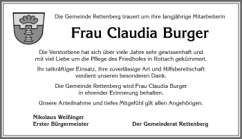 Traueranzeige von Claudia Burger von Allgäuer Anzeigeblatt