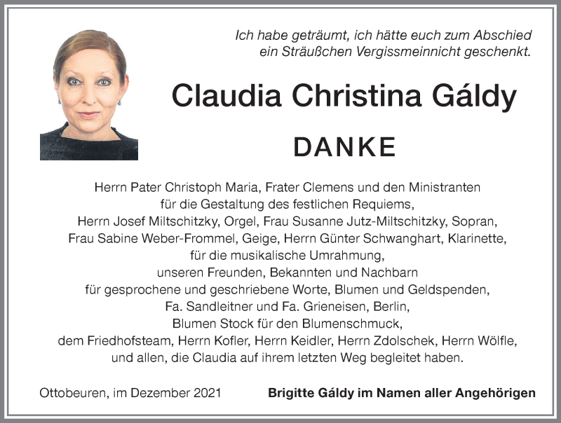  Traueranzeige für Claudia Christina Gáldy vom 11.12.2021 aus Memminger Zeitung