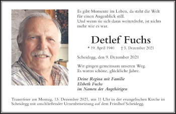 Traueranzeige von Detlef Fuchs von Der Westallgäuer
