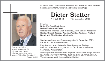 Traueranzeige von Dieter Stetter von Allgäuer Zeitung,Kempten