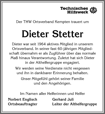 Traueranzeige von Dieter Stetter von Allgäuer Zeitung,Kempten