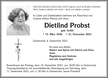 Traueranzeige von Dietlind Probst von Allgäuer Zeitung, Marktoberdorf