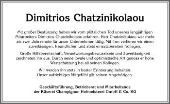 Traueranzeige von Dimitrios Chatzinikolaou von Allgäuer Zeitung,Kempten