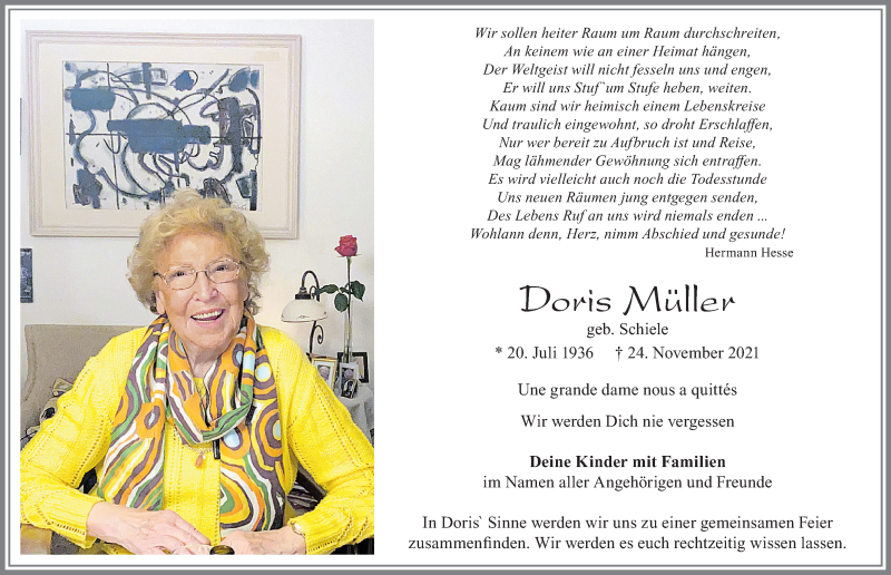  Traueranzeige für Doris Müller vom 02.12.2021 aus Allgäuer Zeitung, Füssen